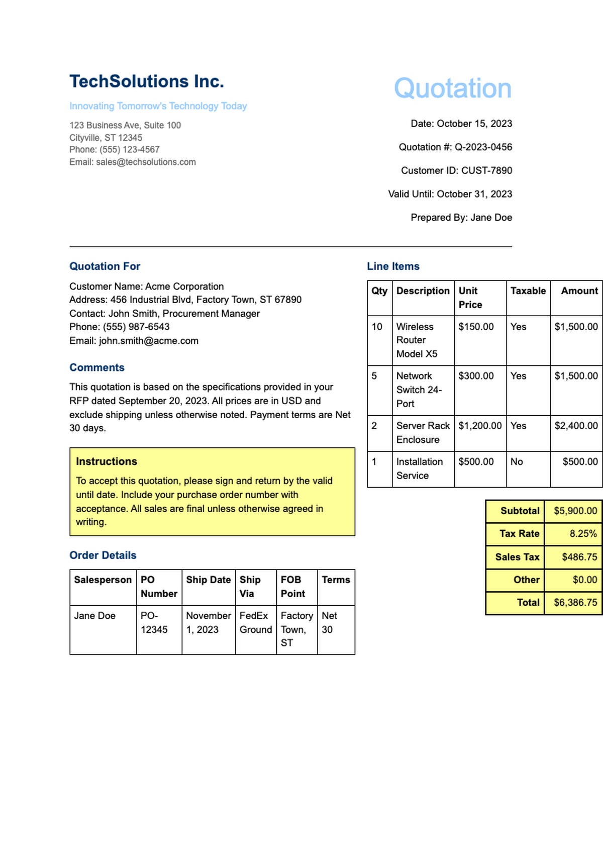 Business quotation template with taxable items and sales tax calculation_variant_3